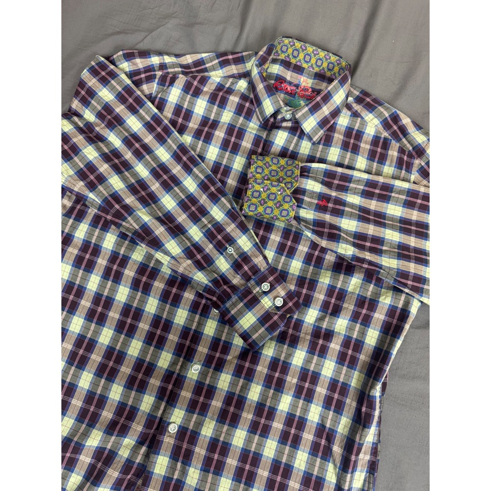 Robert Graham Mens Classic Fit Plaid Button Down Shirt Purple Lime Green Size M
